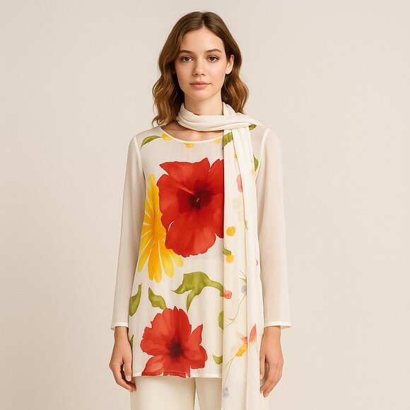 Dorothy Schoelen Platinum 3-Piece Set – Floral Tunic Top & Wide-Leg Pants - Picture 1 of 8